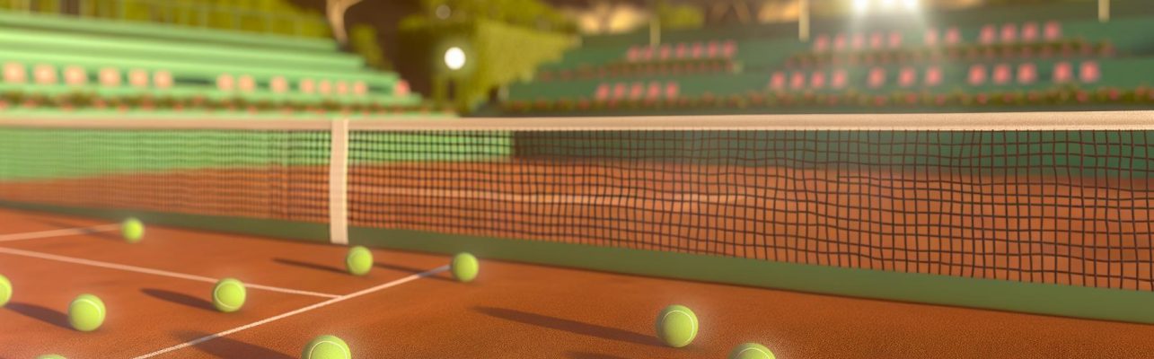 Photo d'un court de tennis à l'heure dorée avec un filet au premier plan et des balles éparpillées sur le sol en terre battue.