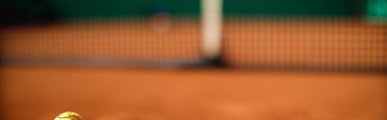 Gros plan d'un terrain de tennis en terre battue avec une balle au premier plan et un filet flou en arrière-plan.