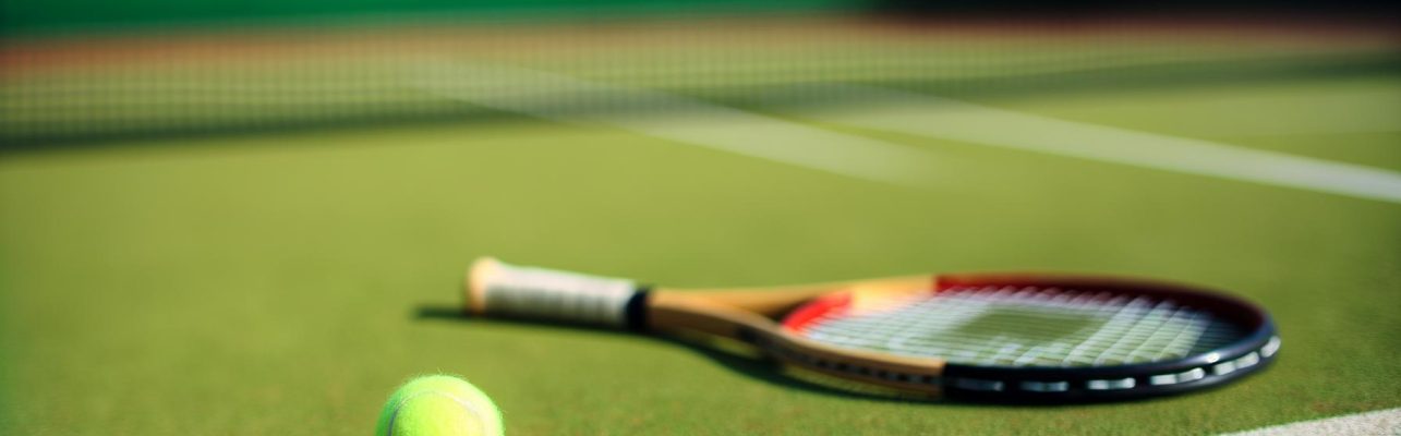 Un court de tennis en terre battue avec une balle et une raquette au sol.