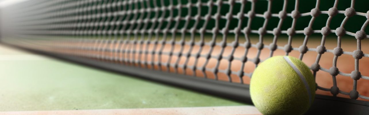 Gros plan d'un court de tennis avec un filet et une balle de tennis au sol.