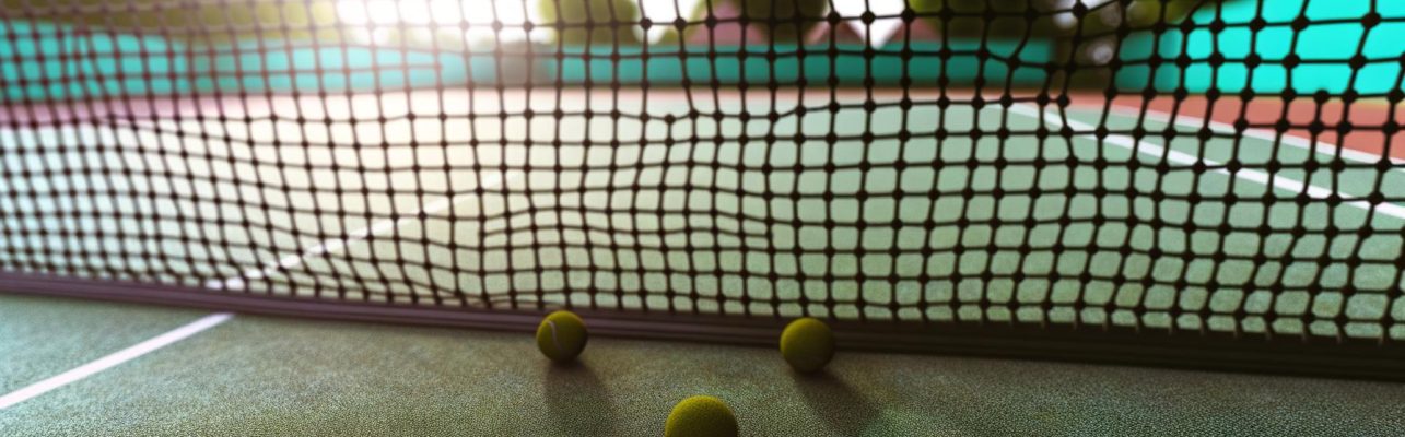 Photo d'un court de tennis avec filet et balles.