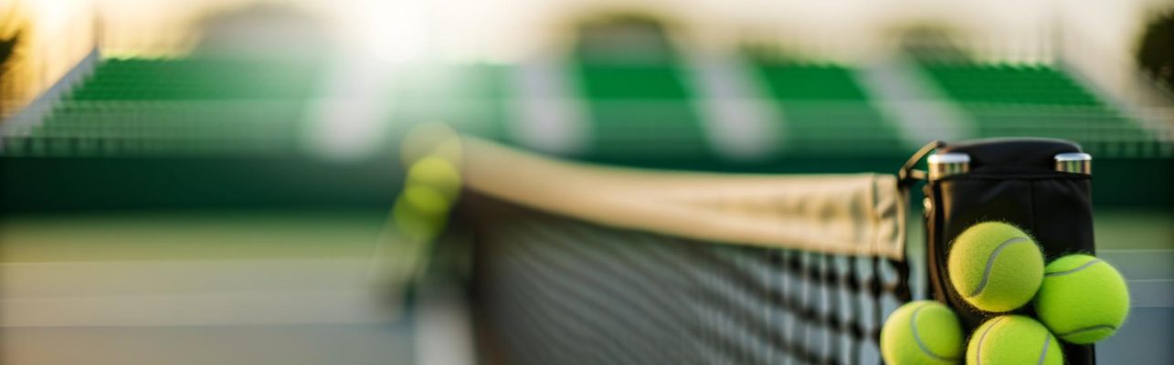 Photographie d'un court de tennis au lever du soleil avec filet et balles.