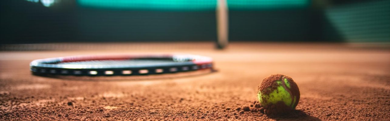 Un court de tennis en terre battue avec une balle de tennis légèrement enfoncée dans le sol et une raquette à proximité.