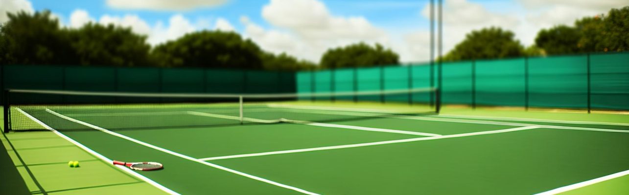 Photographie d'un court de tennis vide vu de haut avec raquette et balles.