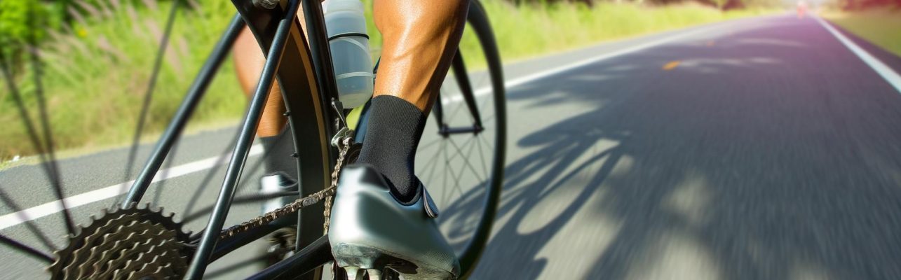 Un cycliste pédalant vigoureusement sur une route bordée de verdure, avec un gros plan sur les engrenages et la chaîne du vélo.