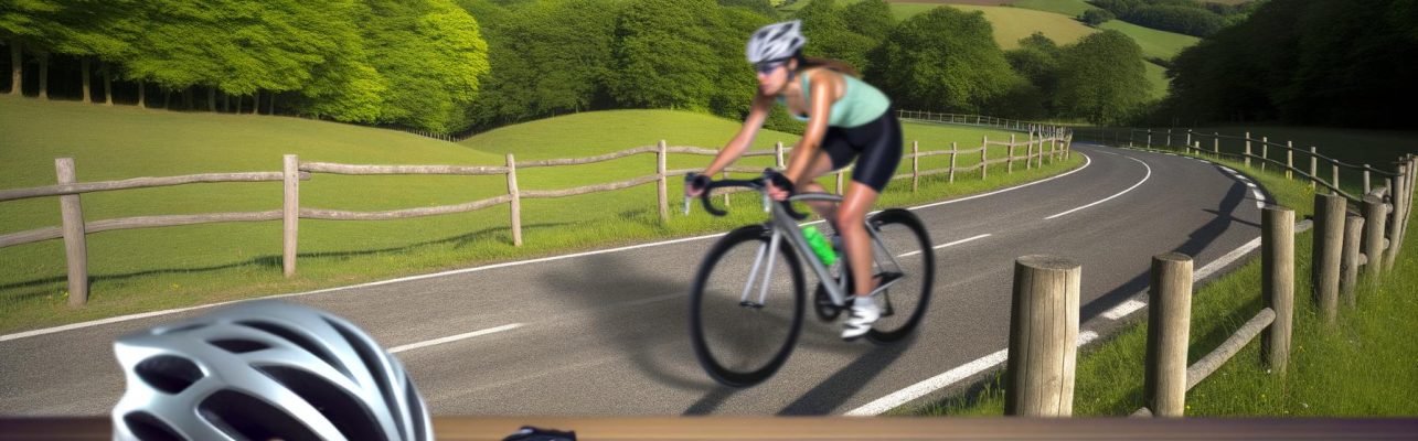 Un cycliste sur une route de campagne sinueuse entourée de verdure sous un ciel bleu clair.