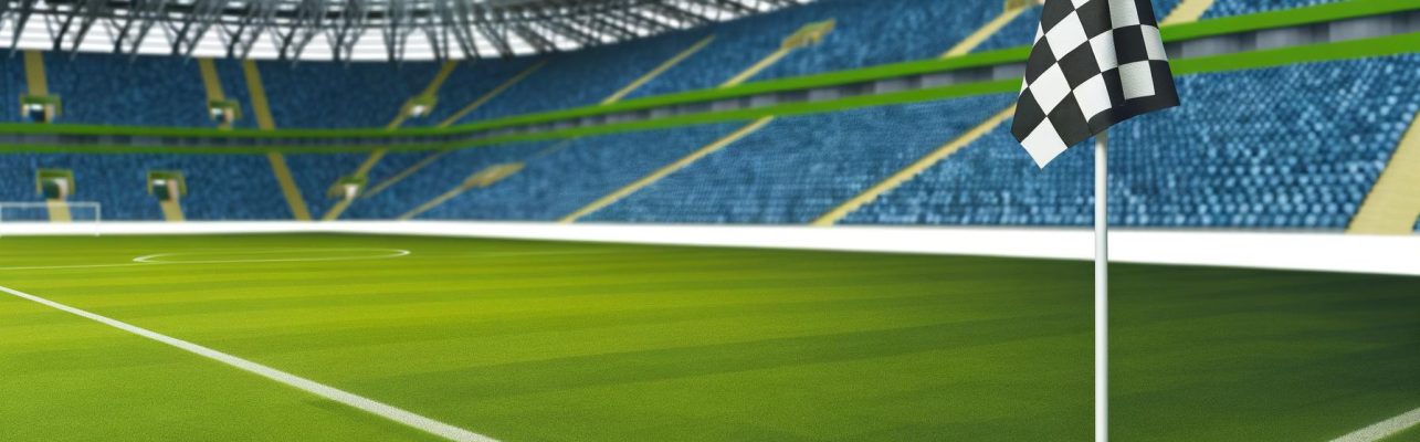 Drapeau de corner sur un terrain de football professionnel avec des sièges de stade en arrière-plan
