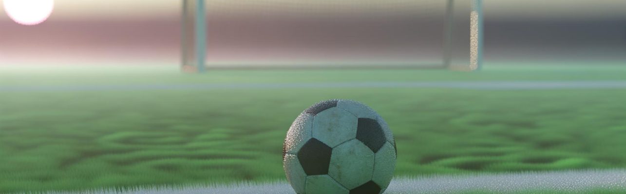 Un ballon de football use repose sur l'herbe au petit matin avec les buts en arriere-plan.