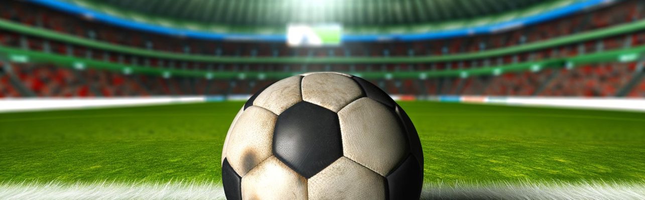 Un ballon de football repose sur l'herbe verte d'un stade avec des tribunes en arrière-plan.