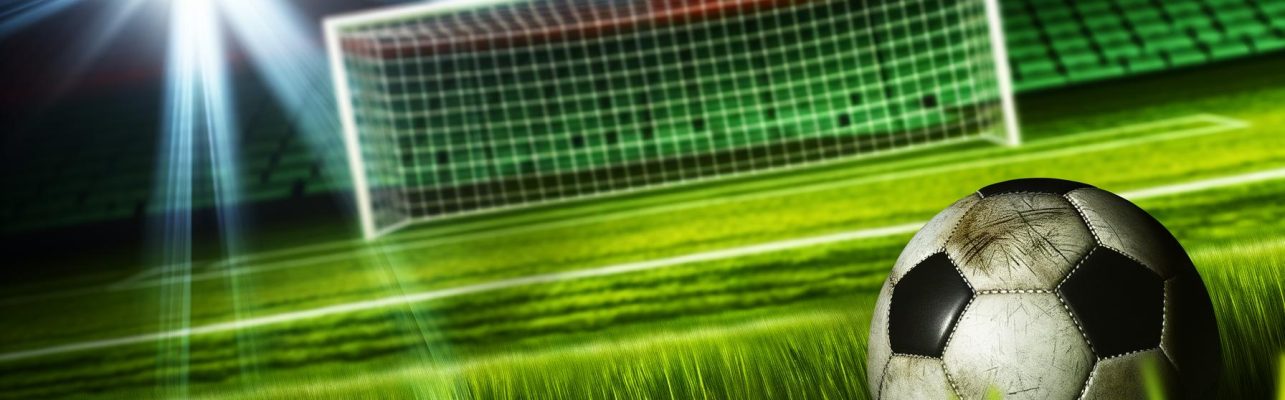 Un ballon de football sur un terrain avec un stade en arrière-plan.