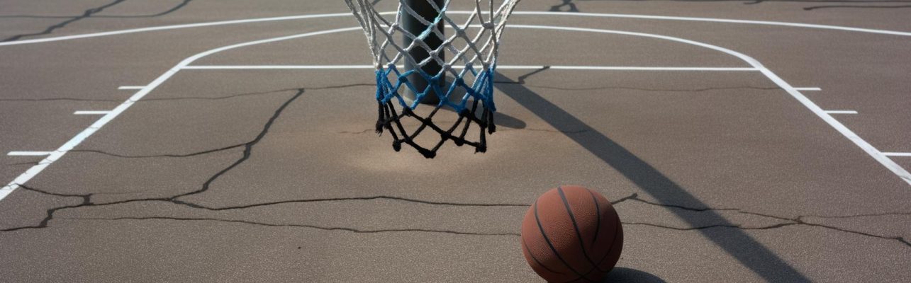 Un panier de basket avec un ballon pose sur le terrain en exterieur.