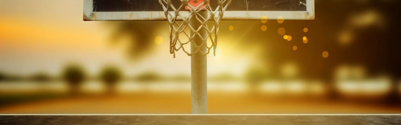 Un panier de basketball avec un filet usé sur un terrain extérieur avec le soleil couchant en arrière-plan.