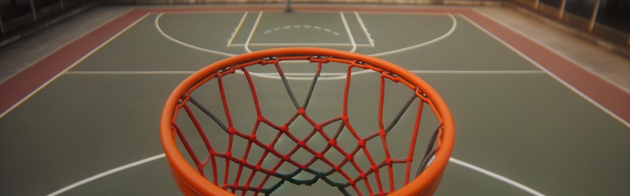 Un gros plan d’un panier de basket sur un terrain extérieur éclairé par la lumière du jour.