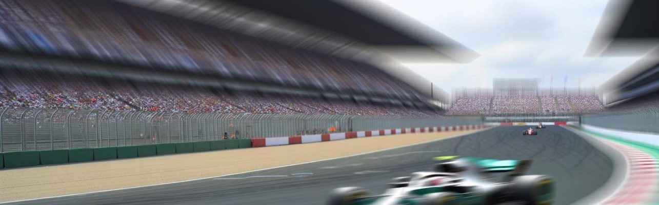Photo d'une piste de course de Formule 1 avec des tribunes et spectateurs flous