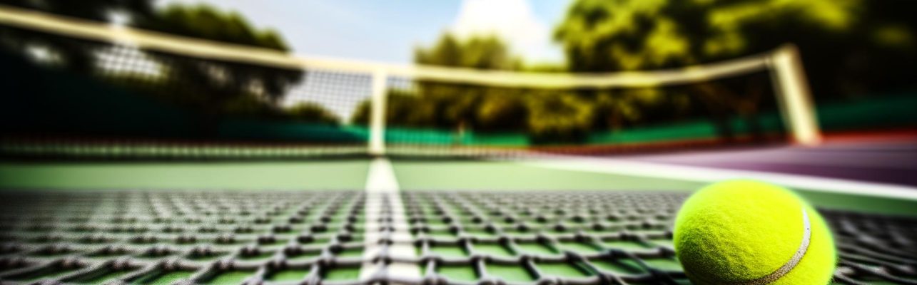 Une balle de tennis repose près du filet sur un court avec des arbres flous en arrière-plan.