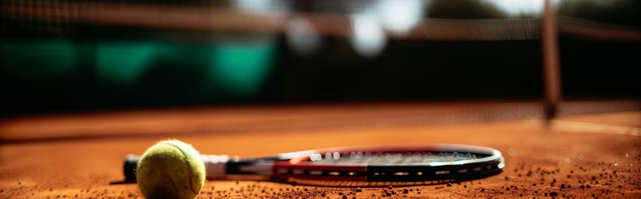 Raquette et balle de tennis sur un court en terre battue éclairé par le soleil.