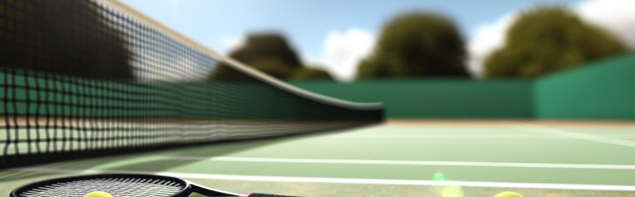 Raquette de tennis et balle jaune sur la ligne de fond d'un court par une journée ensoleillée.