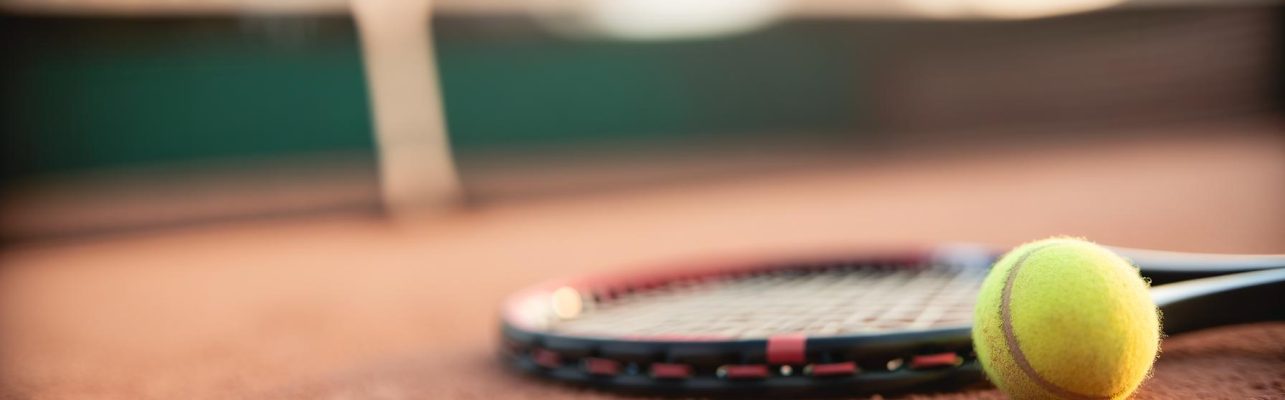 Raquette de tennis et balle sur un court en terre battue avec le filet visible au loin.