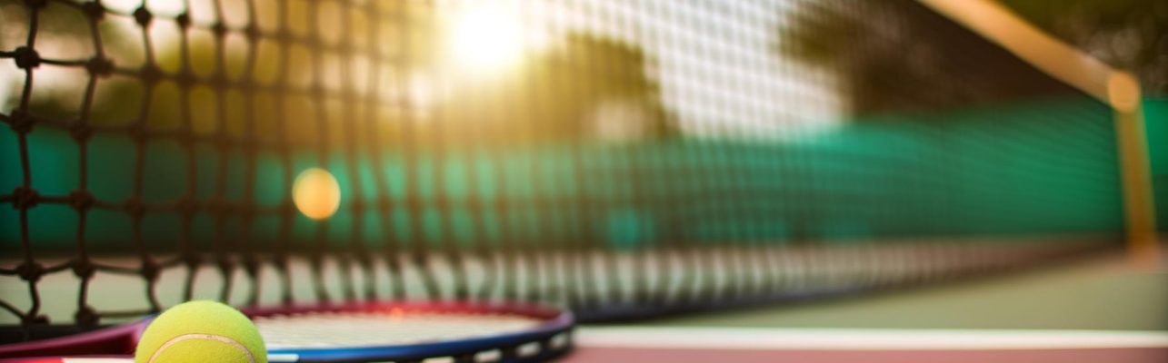 Raquette et balle de tennis au sol près du filet sur un court pendant l'heure dorée.