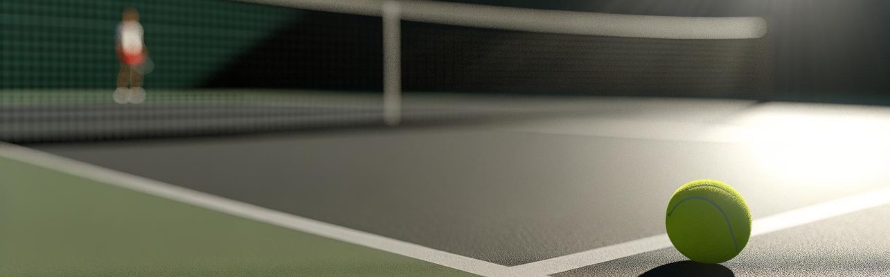 Raquette et balle de tennis sur un terrain vert par une journée ensoleillée.