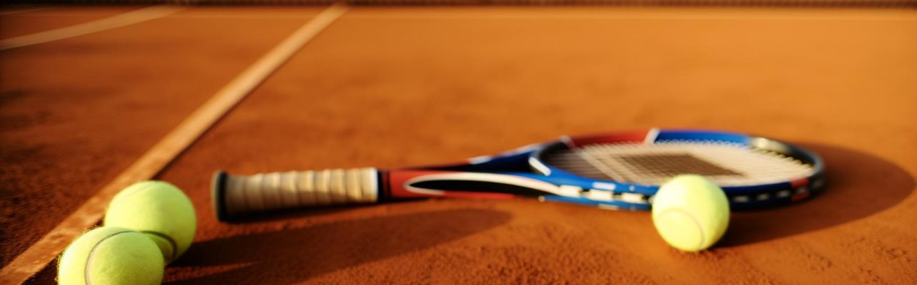 Raquette et balles de tennis sur un court au lever du soleil.