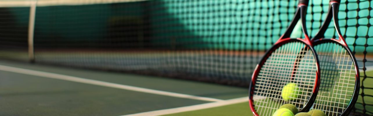 Une raquette de tennis et quelques balles sur un court en herbe par une après-midi ensoleillée.