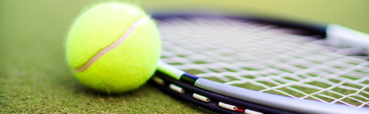 Raquette et balle de tennis sur une pelouse de court bien entretenu.