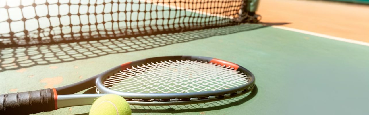 Raquette de tennis au sol avec une balle de tennis à côté sur un court.