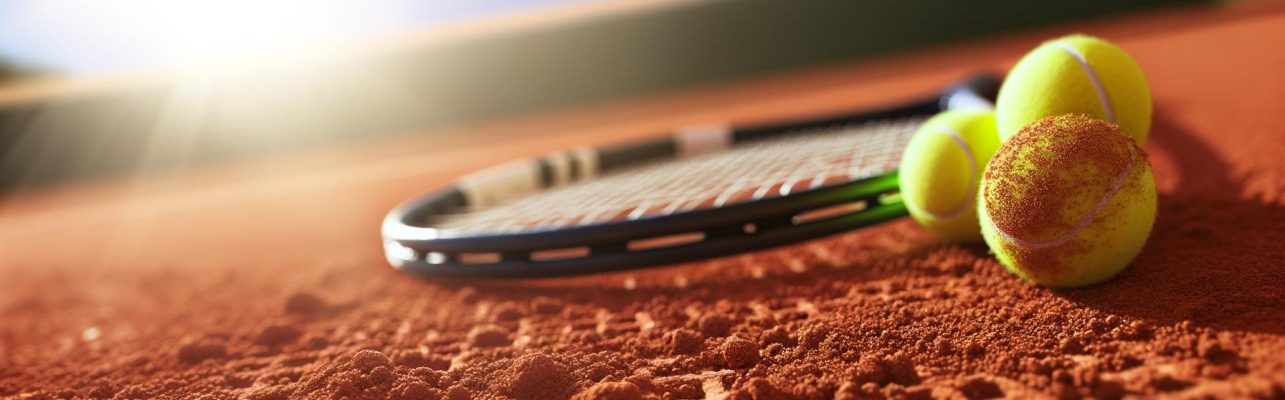 Une raquette de tennis et des balles posées sur la ligne de fond d'un court en terre battue.