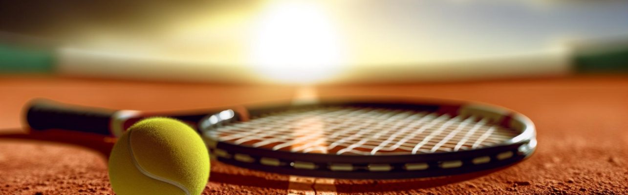 Photo rapprochée d'un court de tennis avec une raquette et une balle au sol au coucher du soleil.