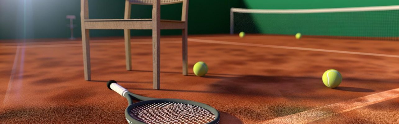 Raquette de tennis appuyée contre une chaise sur un court en terre battue, avec quelques balles autour.