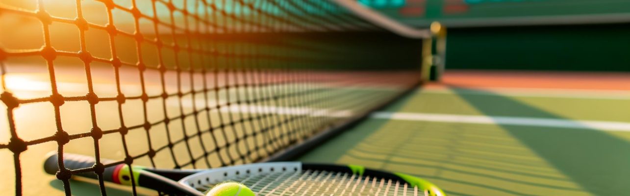Un court de tennis ensoleillé avec une raquette appuyée contre le filet et une balle à proximité.
