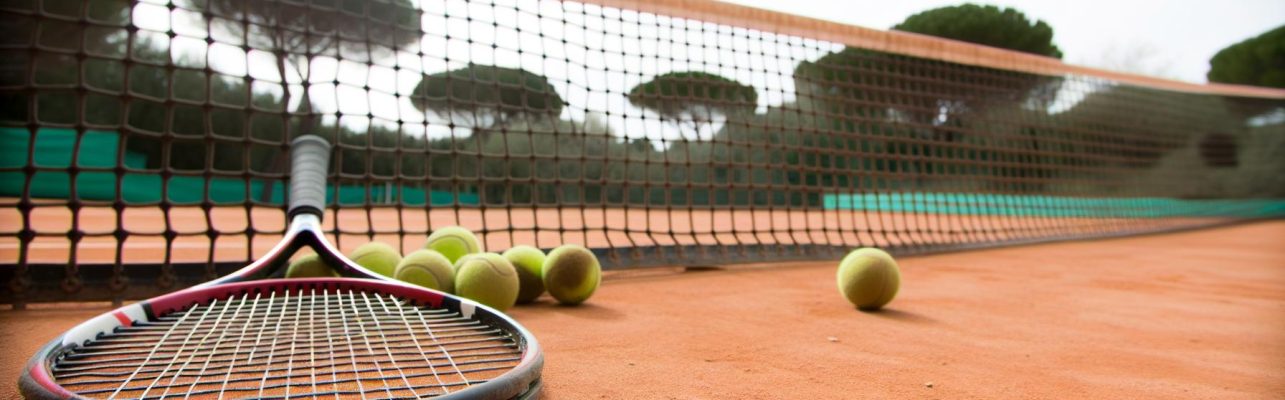 Une raquette de tennis repose contre un filet sur un court en terre battue avec des balles autour.