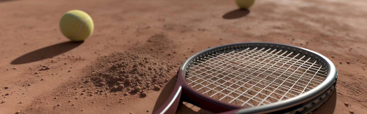 Une raquette de tennis repose sur un court en terre battue avec une balle usée à proximité.