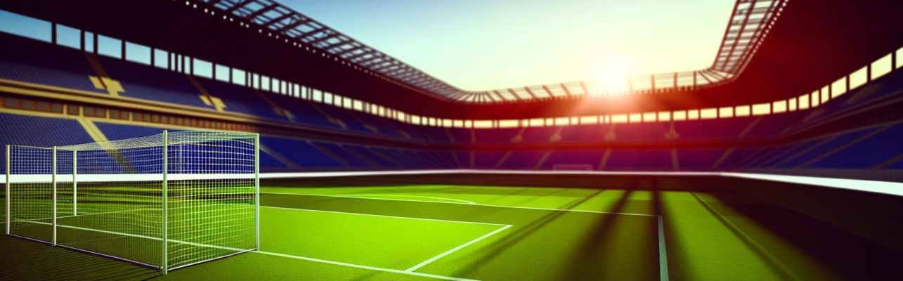 Un stade de football vide au coucher du soleil avec des ombres sur la pelouse verte.