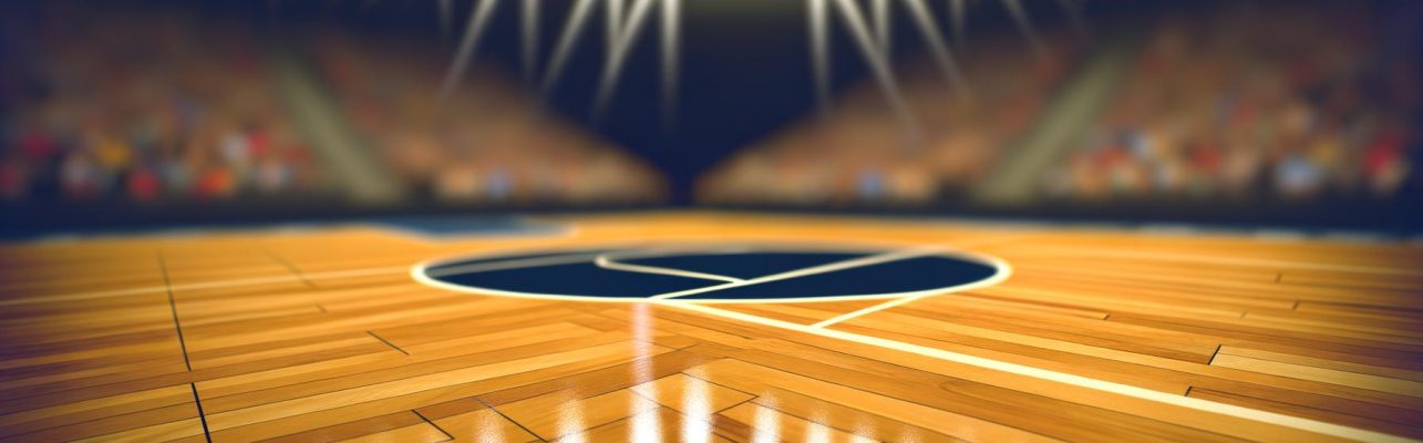 Un terrain de basket vide juste avant le debut d'un match, avec des reflets de lumieres sur le sol en bois.
