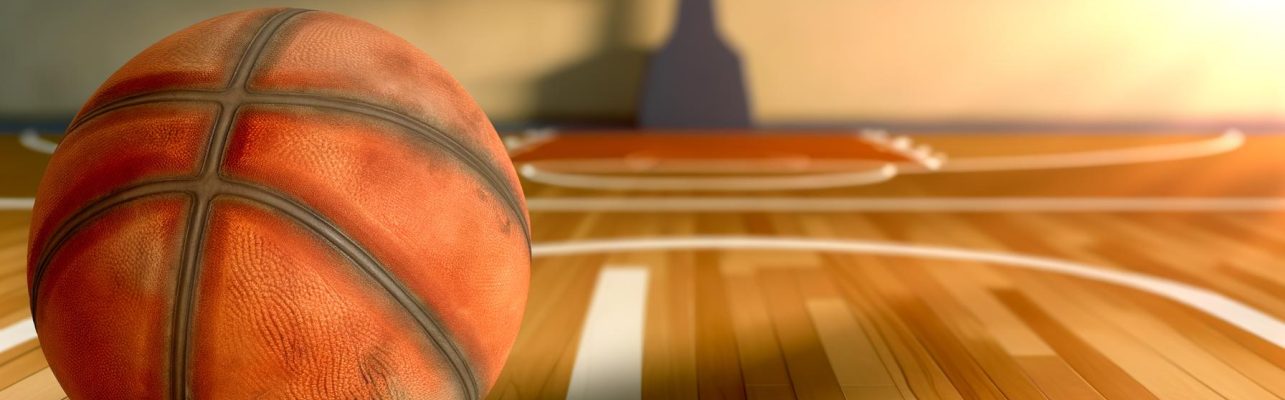 Un ballon de basket orange use repose sur un parquet de terrain de basket illumine par le lever du soleil.