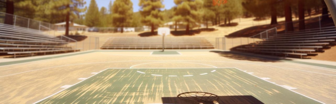 Terrain de basket en journée avec panier et filet focalisés.