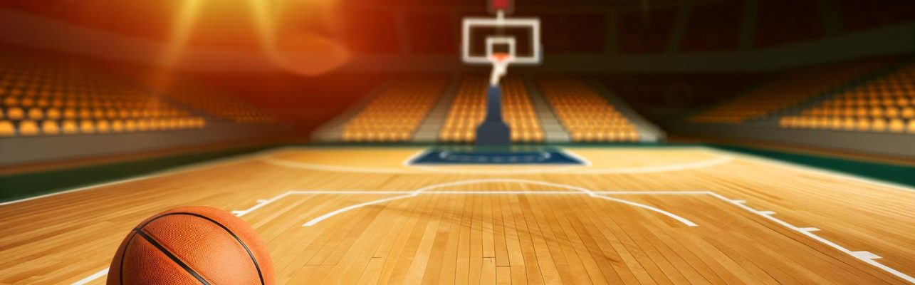 Un terrain de basketball professionnel avec un ballon près de la ligne des lancers francs.