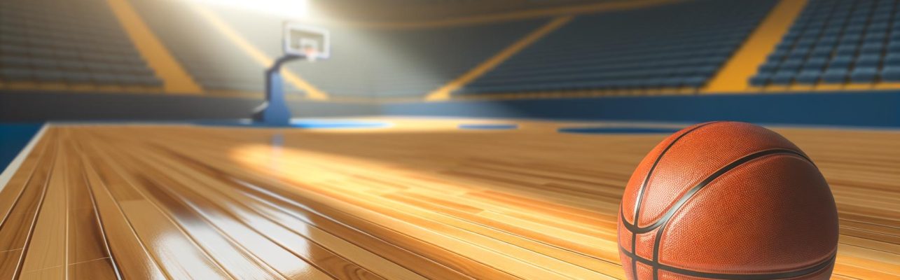 Vue rapprochée d'un terrain de basket avec un ballon posé à côté.