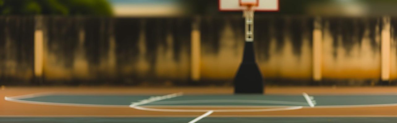 Un terrain de basket avec un panier au premier plan, sans personnes.