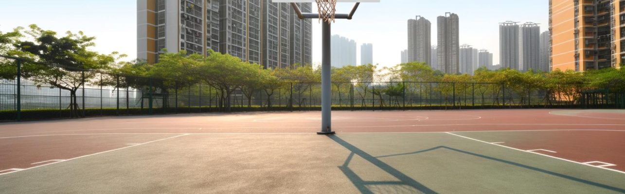 Un terrain de basketball urbain vide avec un panier use et un ballon pres de la ligne de lancer franc.