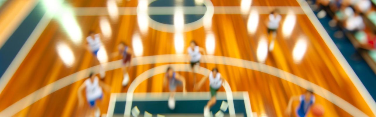 Un terrain de basket vu d'en haut pendant un match avec des joueurs en mouvement.