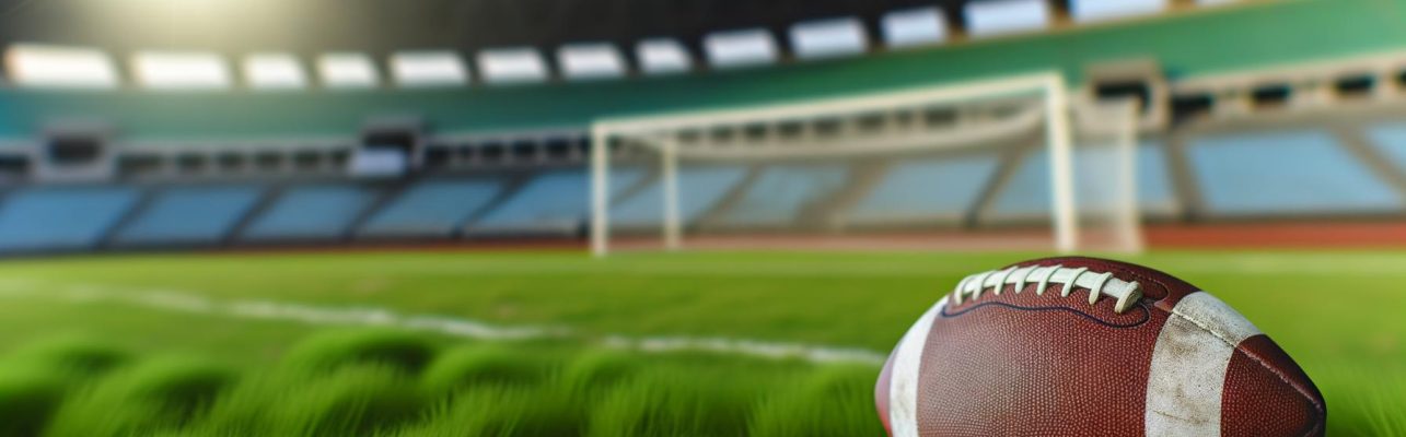 Un ballon de football au premier plan sur un terrain bien entretenu avec des cages de but.