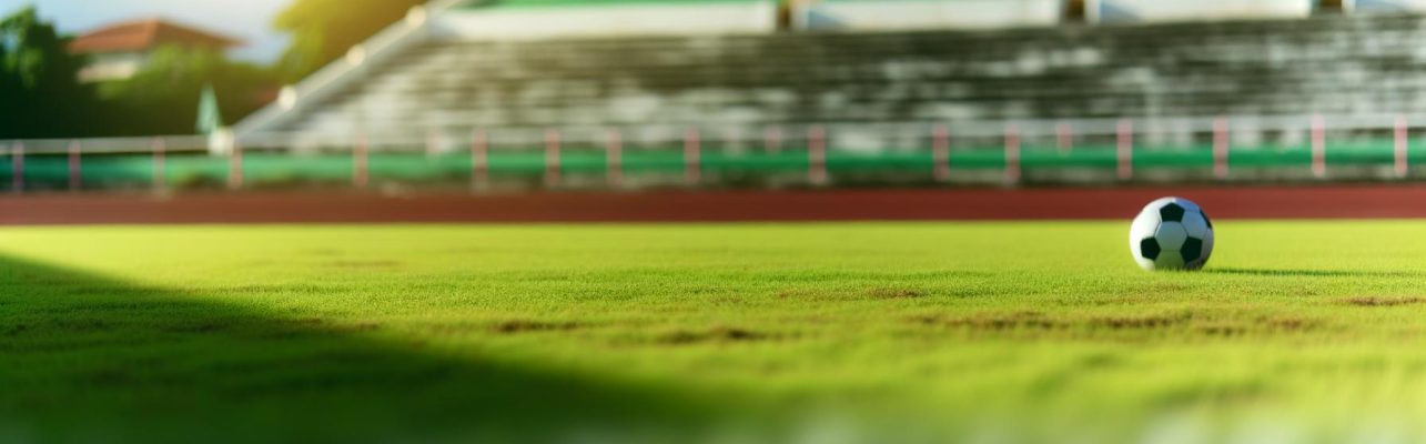 Un terrain de football ensoleillé avec un ballon suggérant un prochain match.