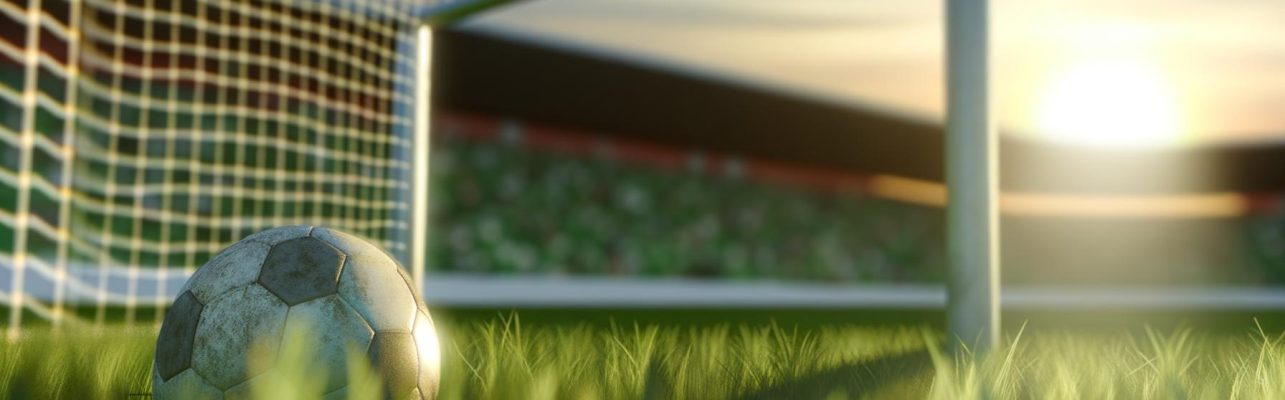 Un terrain de football au coucher du soleil avec des buts au premier plan et des tribunes vides en arrière-plan.