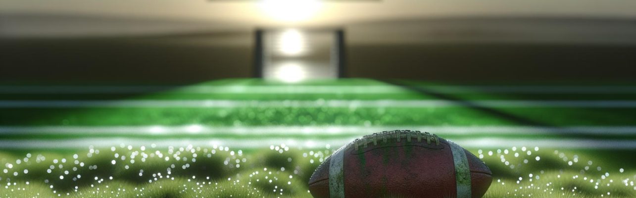 Un terrain de football vide le matin avec un ballon usé près de la ligne de touche.