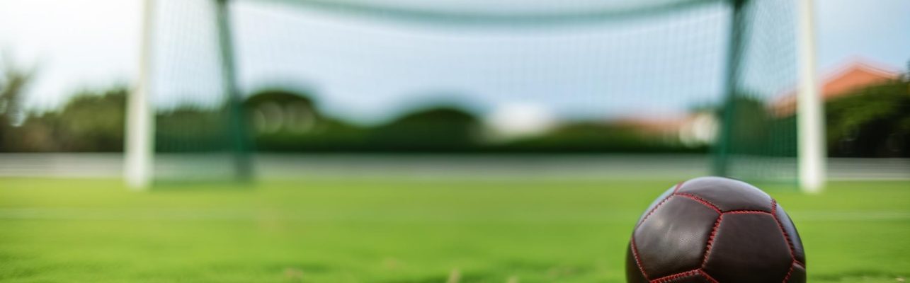 Un terrain de football professionnel sous la lumière naturelle avec des cages au loin et un ballon sur l'herbe au premier plan.