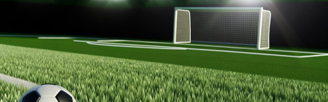 Un terrain de football avec de l'herbe verte et des buts blancs visibles au loin, un ballon près du point de penalty.