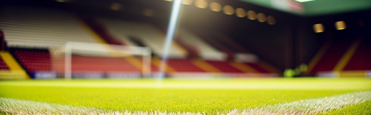 Un terrain de football bien entretenu avec des lignes blanches et des buts, sans personne.